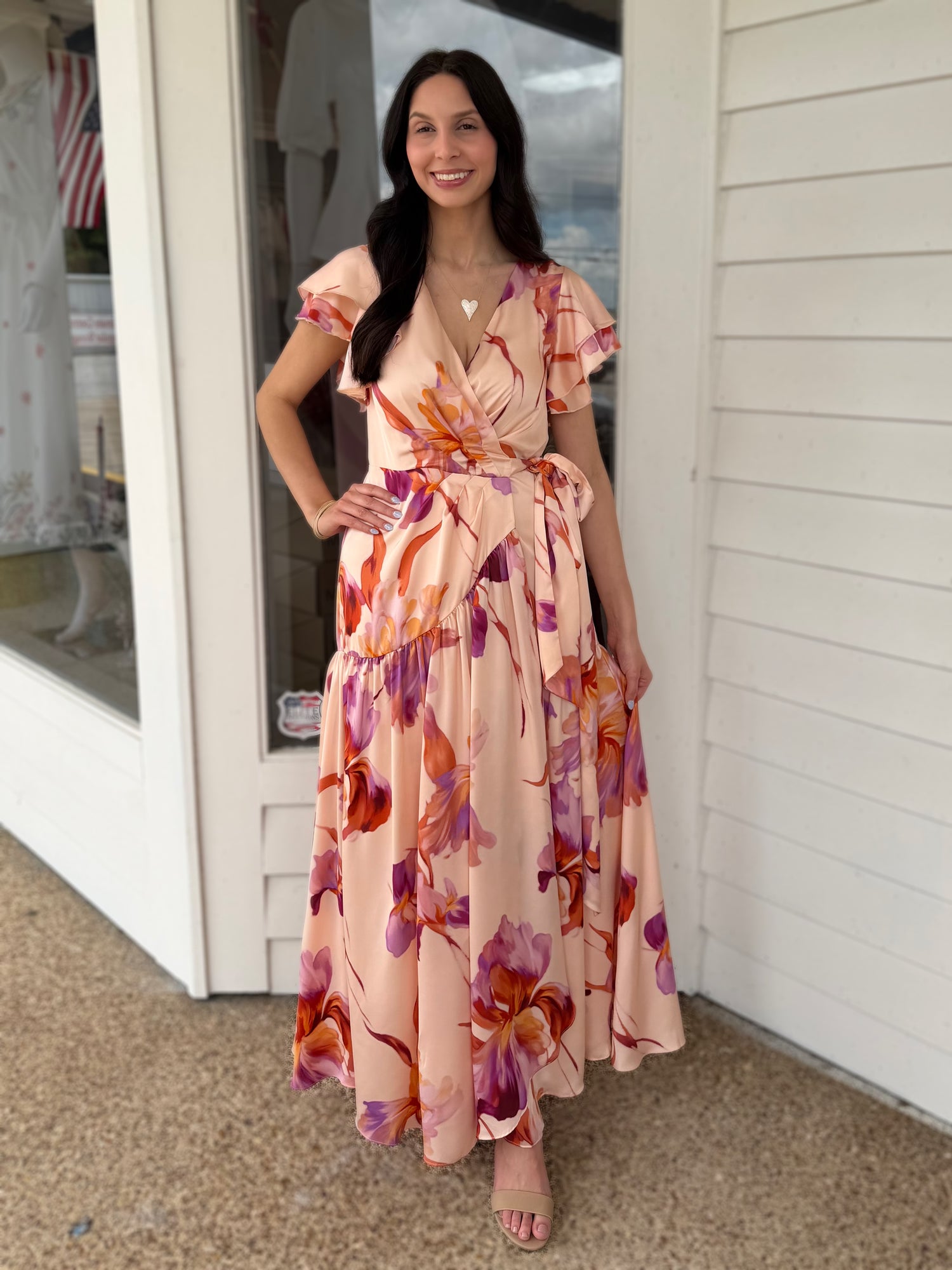 CHAMPAGNE MULTI FLORAL PRINT ASYMMETRIAL TIERED RUFFLE SLEEVE SATIN WRAP MAXI DRESS