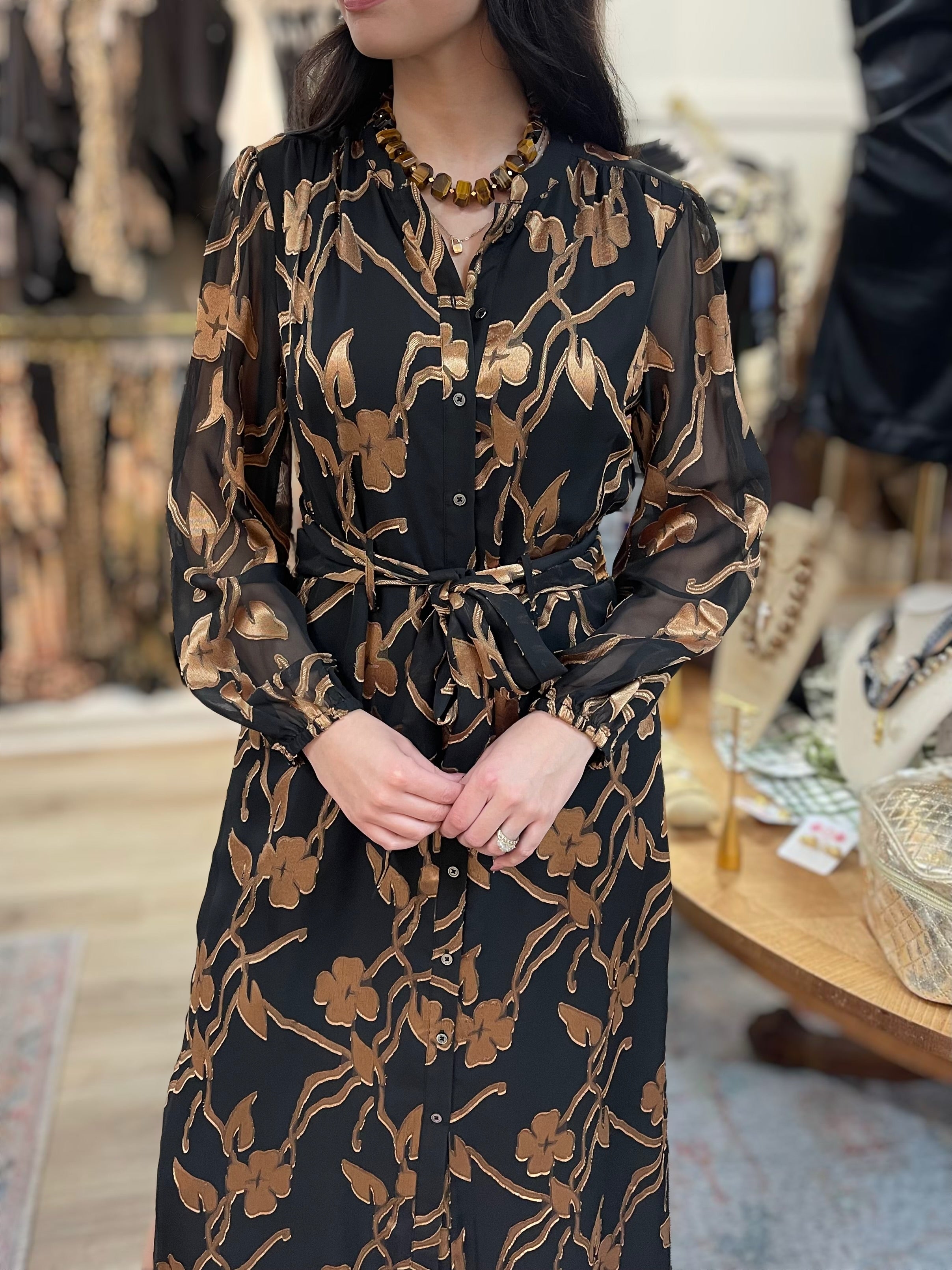 BLACK GOLD FLORAL JACQUARD SHEER LONG SLEEVE TIE WAIST BUTTON UP MIDI DRESS