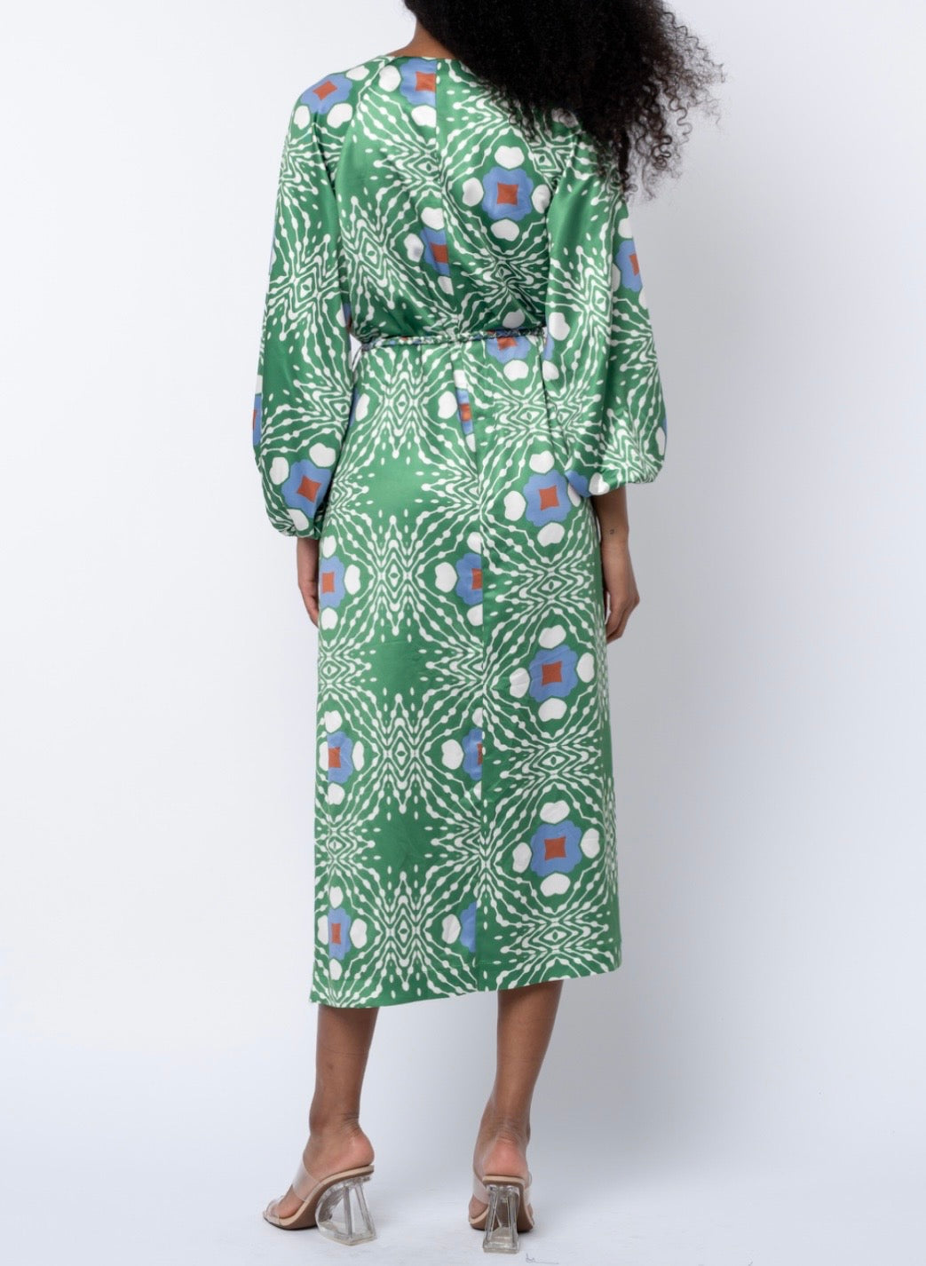 GREEN MULTI GEO PRINT JARDIN MIDI DRESS