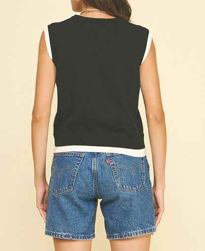 BLACK/IVORY DOUBLE LAYERED SLEEVELESS KNIT TOP