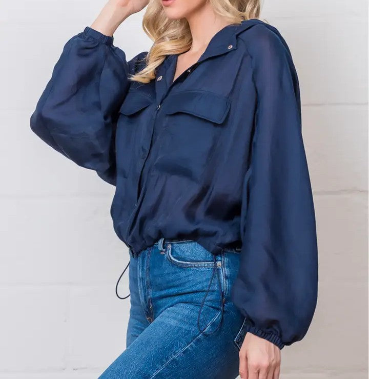 NAVY LIGHT WEIGHT HOODED SNAP-BUTTON UP JACKET
