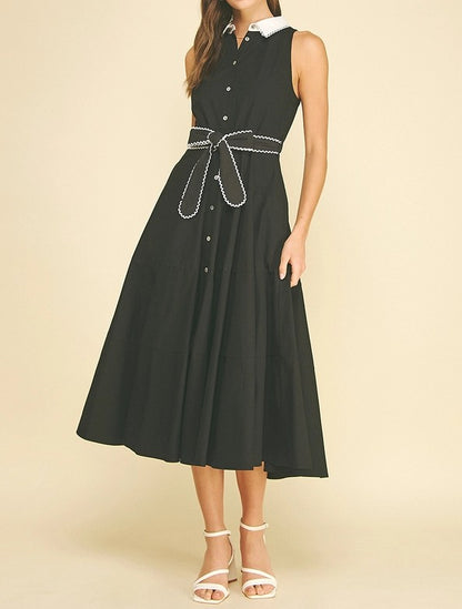 BLACK/WHITE SCALLOP RIC RACK TRIM SLEEVELESS BUTTON UP MIDI DRESS
