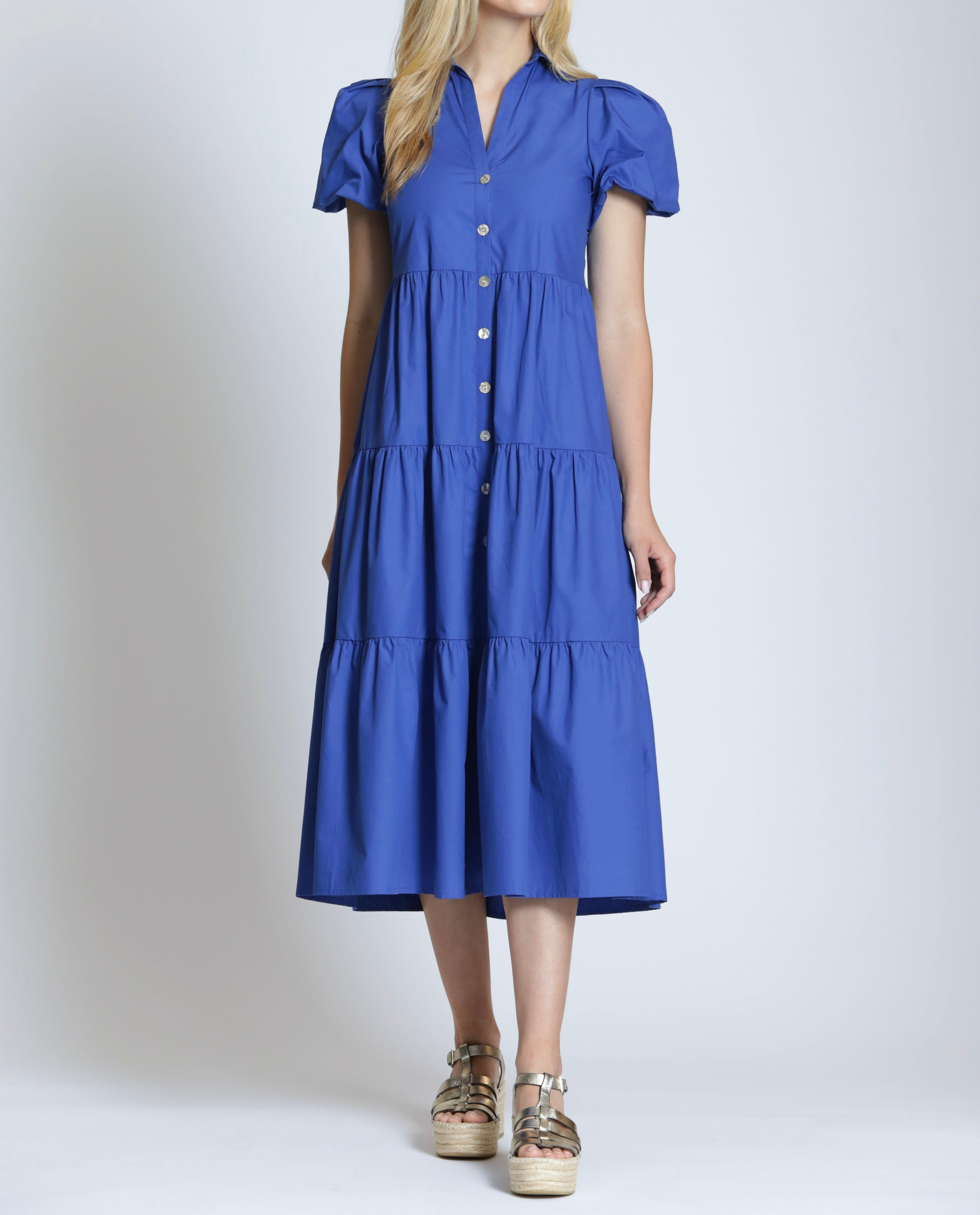 DAZZLING BLUE SHORT PUFF SLEEVE TIERED MAXI DRESS