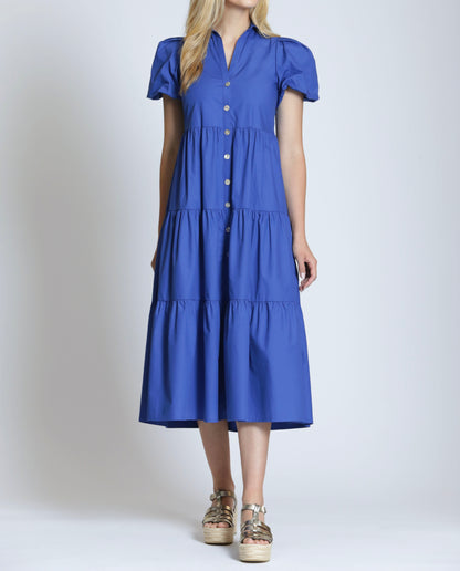 DAZZLING BLUE SHORT PUFF SLEEVE TIERED MAXI DRESS