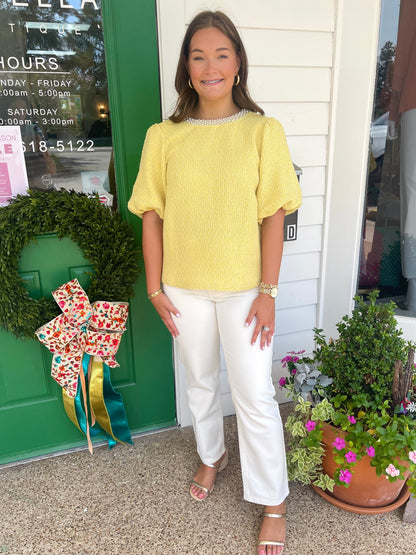 YELLOW PEARL TRIM NECK BUBBLE SLEEVE TOP