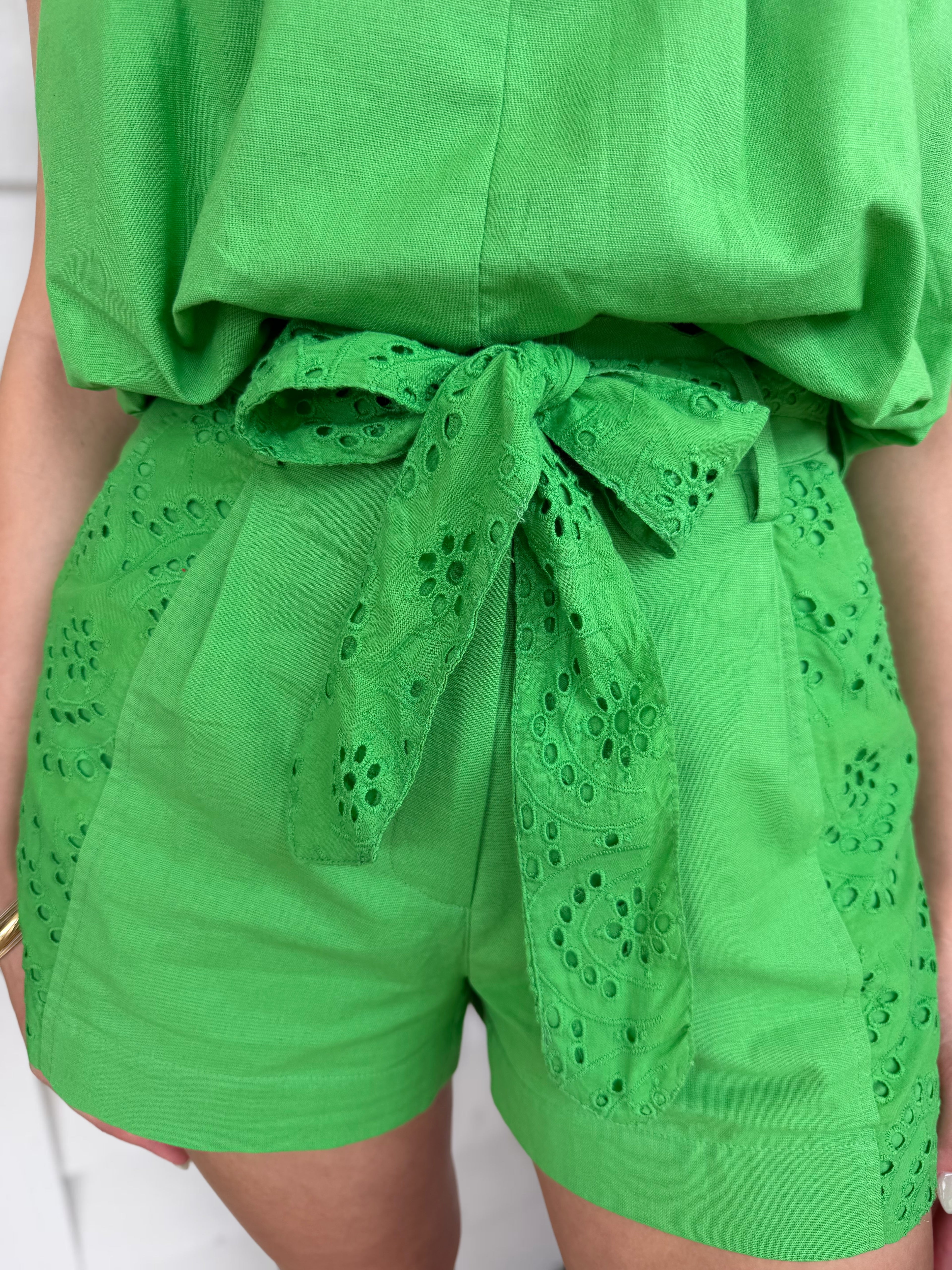 KELLY GREEN EYELET LACE PATCH ZELDA SHORTS
