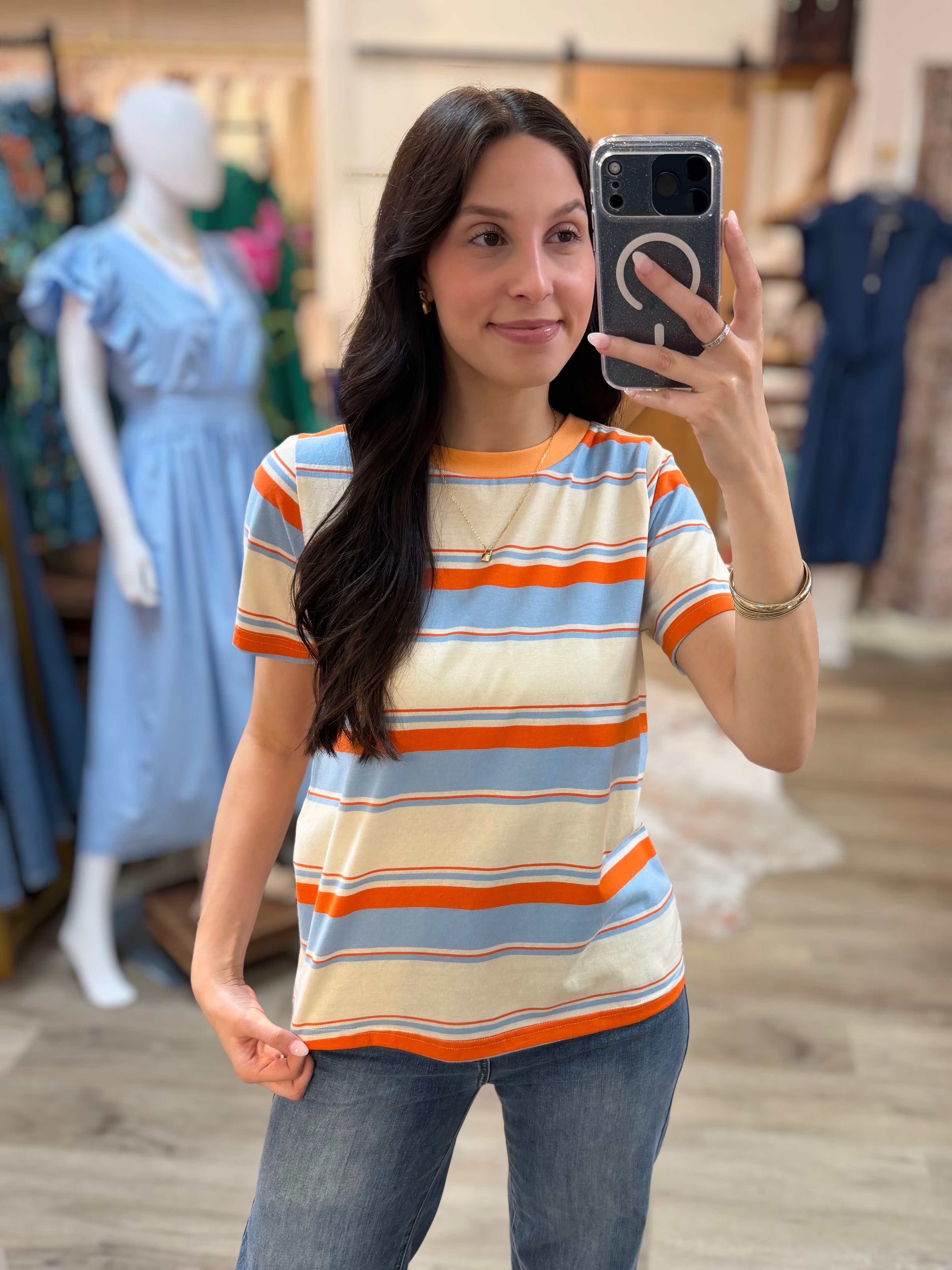 ORANGE/SKY BLUE STRIPE CREW NECK TOP