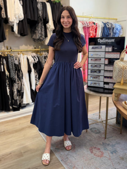 NAVY COTTON SHORT SLEEVE MIXED MEDIA ARIA MIDI DRESS