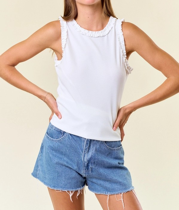 OFF WHITE RIBBED TANK WITH RUFFLE DETAIL