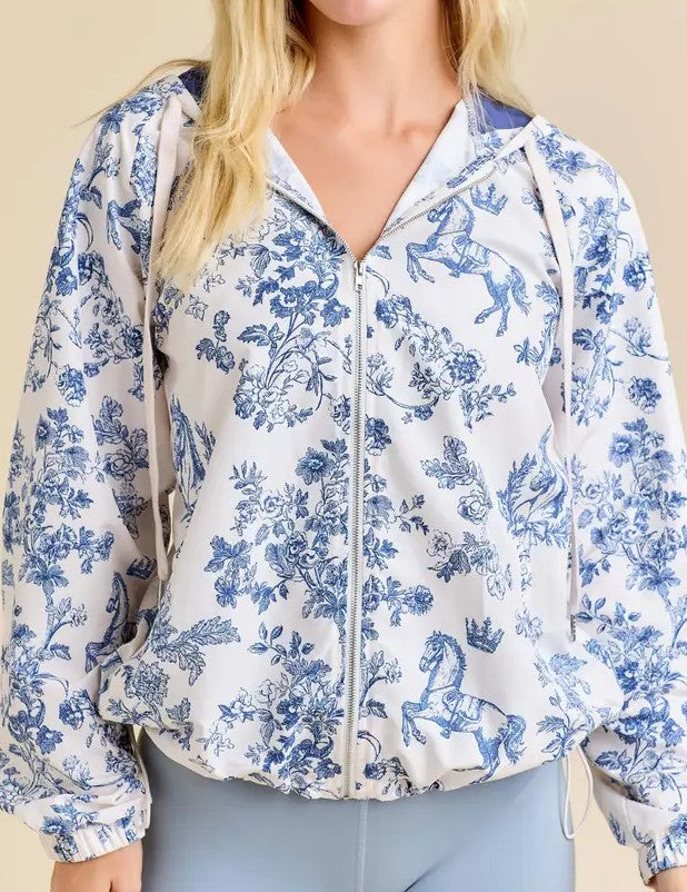 DARK NAVY VINTAGE HORSE TOILE PRINT WINDBREAKER HOODIE JACKET