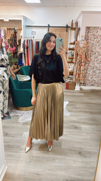 GUNMETAL GOLD METALLIC LAME PLEATED ALESSANDRA MIDI SKIRT