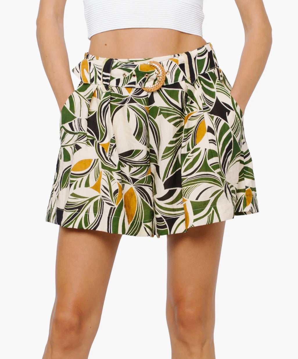CREAM MULTI ABSTRACT LEAF PRINT BELTED ARYVIA SHORTS