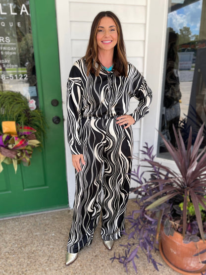 BLACK/IVORY PRINT BUTTON-DOWN ELASTIC HEM LONG SLEEVE SHIRT