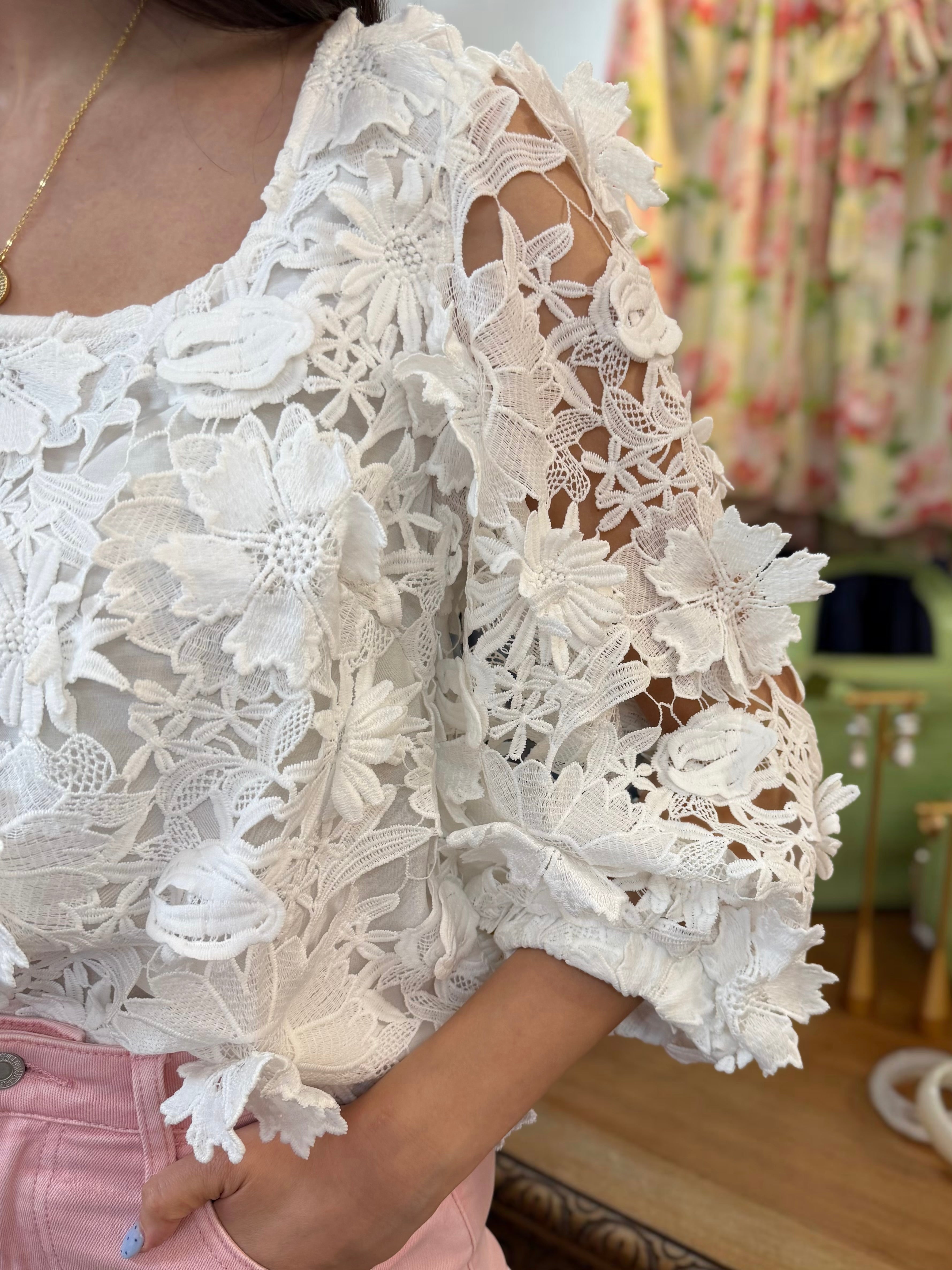 OFF WHITE LACE BILLOWY SLEEVE SQUARE NECK TOP
