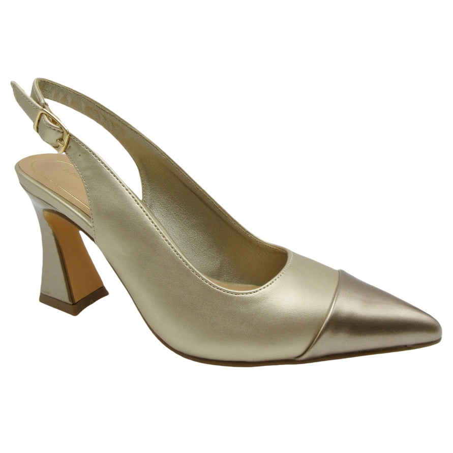 GOLD METALLIC POINTED TOE FLARED BLOCK SLINGBACK DONA HEEL