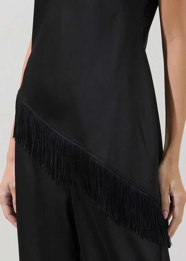 BLACK MOCK NECK ASYMMETIRCAL FRINGE TRIM TOP