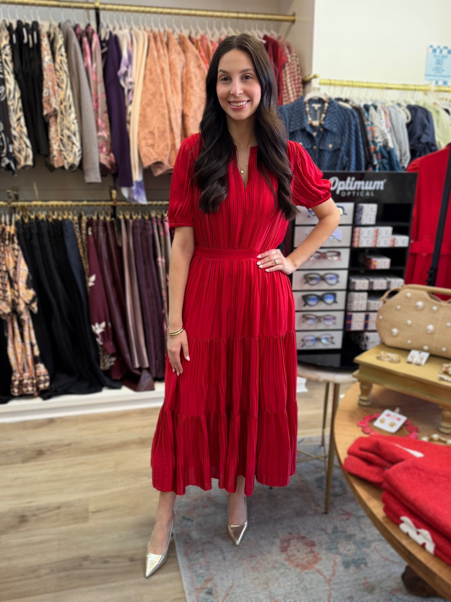 RED PLEATED SPLIT NECK SHORT PUFF SLEEVE TIERED MAXI DRESS