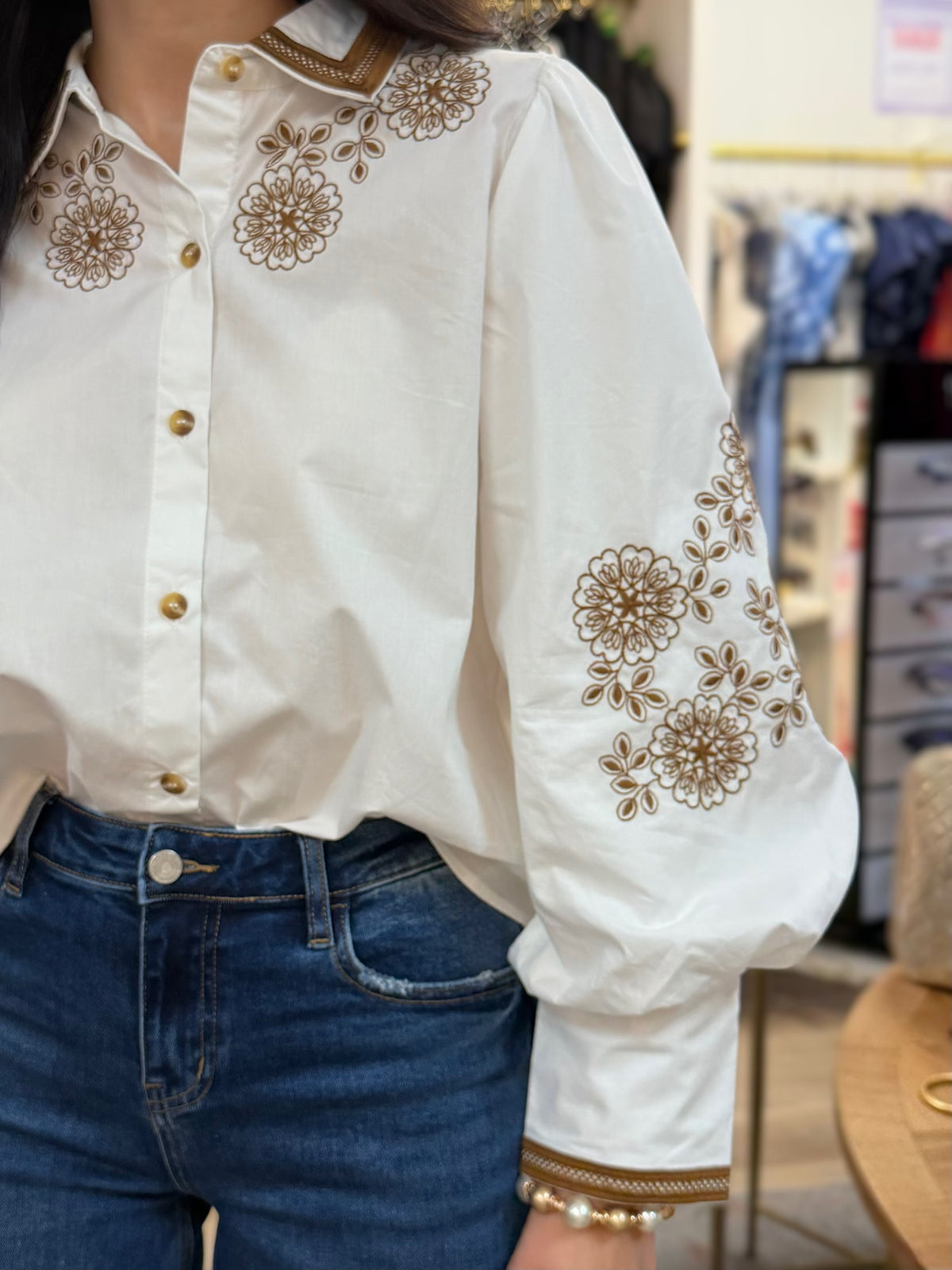 WHITE &amp; BROWN FLORAL EMBROIDERY LONG PUFF SLEEVE BUTTON UP TOP