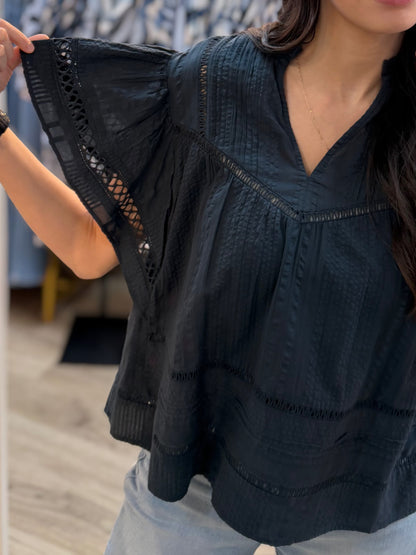 NAVY LACE DETAIL SHORT RUFFLE SLEEVE TOP