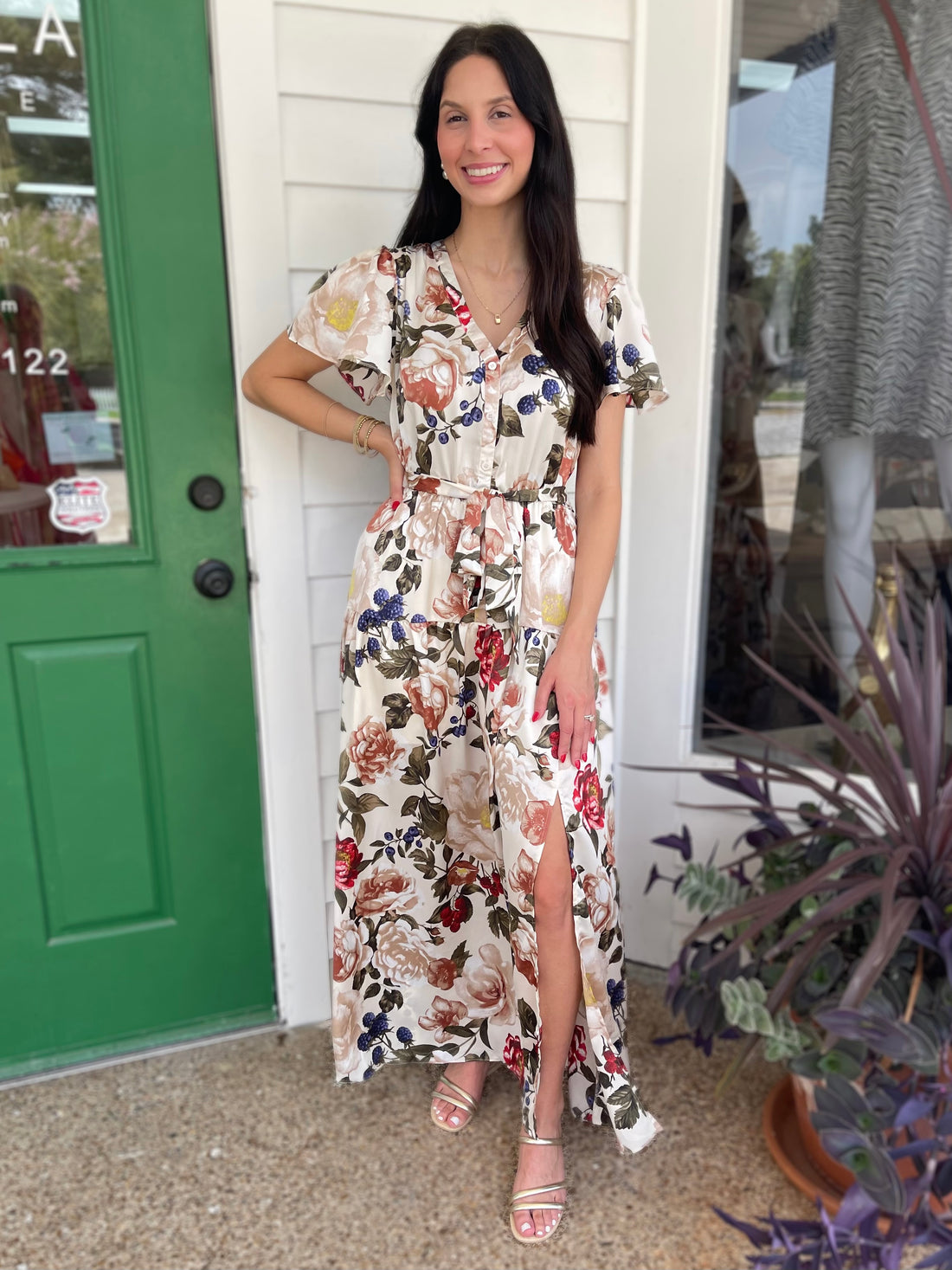 IVORY MULTI COLOR FLORAL PRINT BUTTON FRONT TIERED MAXI DRESS