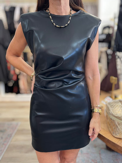 BLACK VEGAN LEATHER PADDED SHOULDER EMILY MINI DRESS