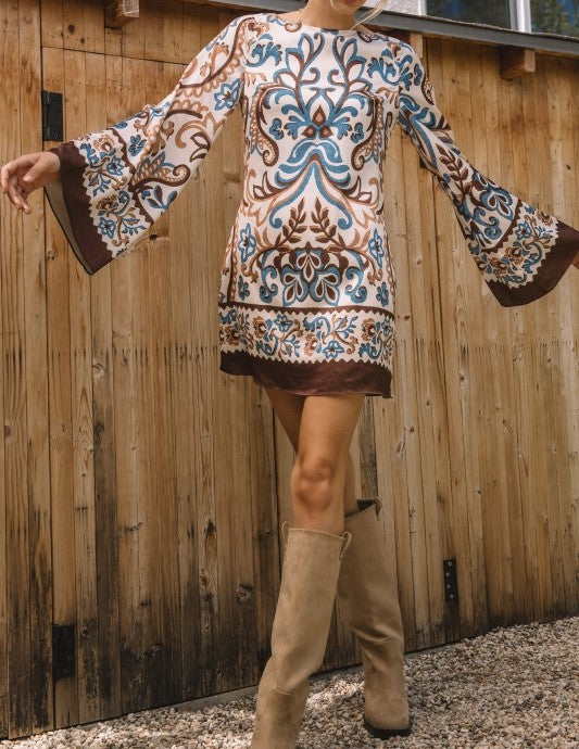 IVORY, BROWN &amp; BLUE BORDER PRINT BELL SLEEVE MINI DRESS