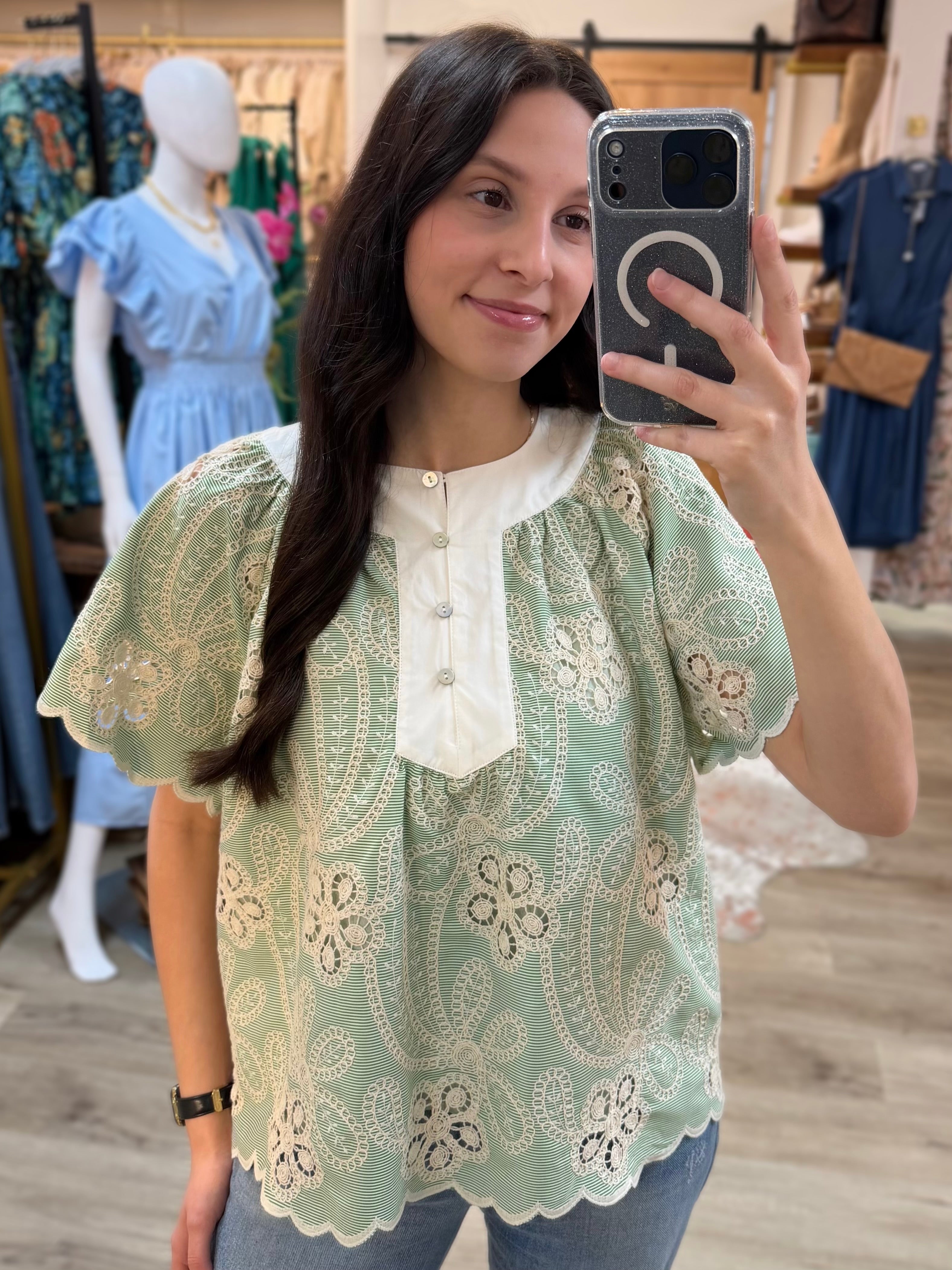 GREEN/WHITE FLORAL LACE SCALLOP HEM SHORT SLEEVE TOP