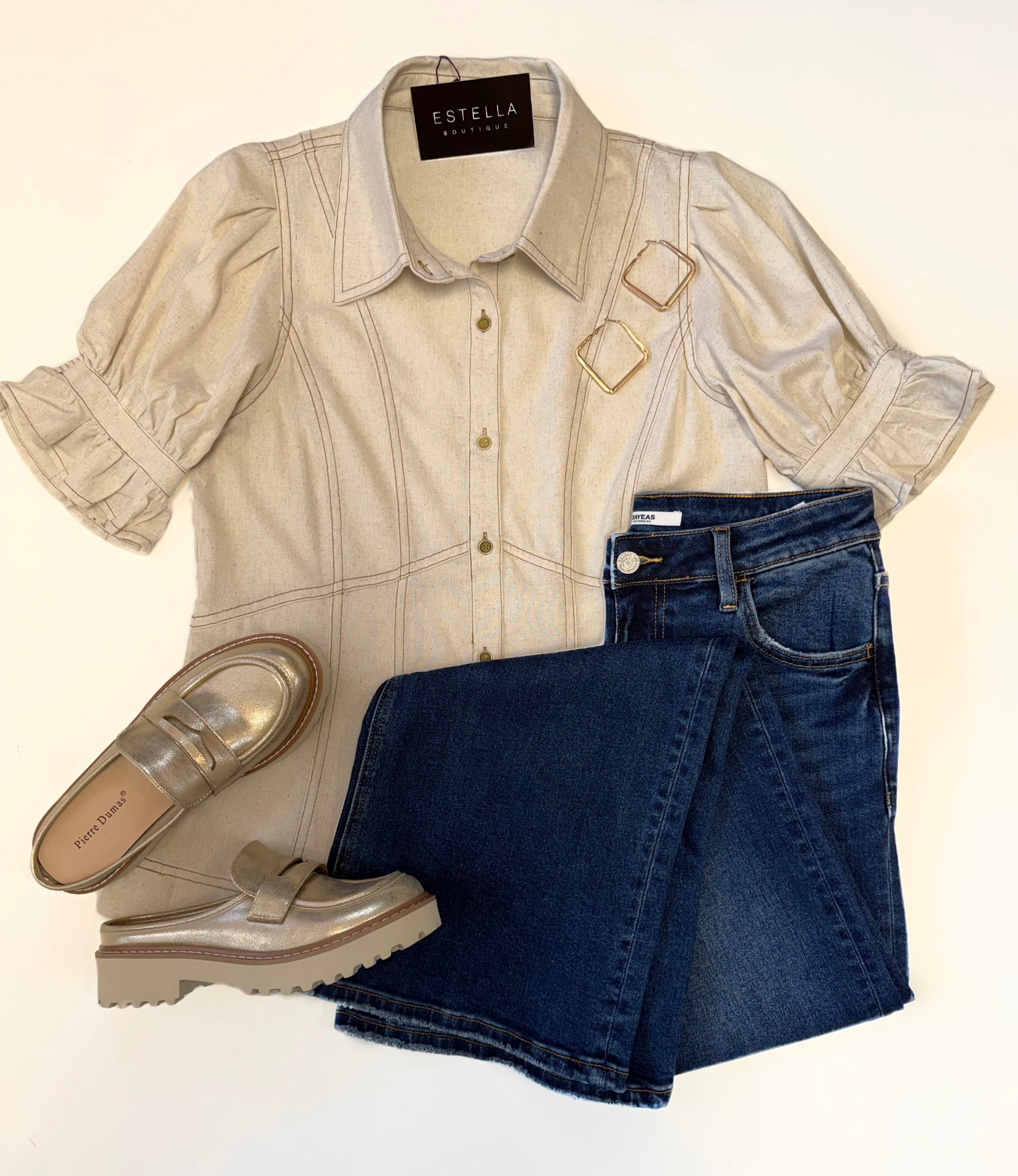 OATMEAL WOVEN LINEN PUFF SLEEVE BUTTON UP CONTRAST STITCH TOP