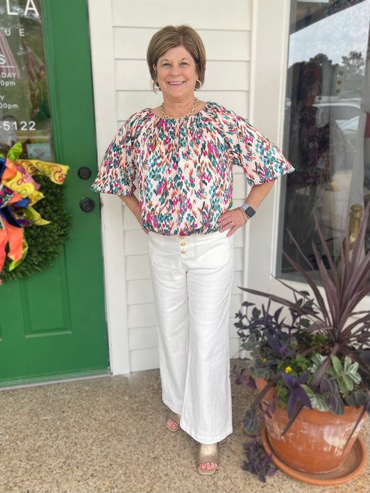 TEAL MULTI FLORAL PRINT ELASTIC HEM PUFF SLEEVE TOP