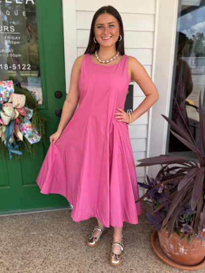 DUSTY PINK FITTED BODICE FLARED SLEEVELESS MIDI DRESS