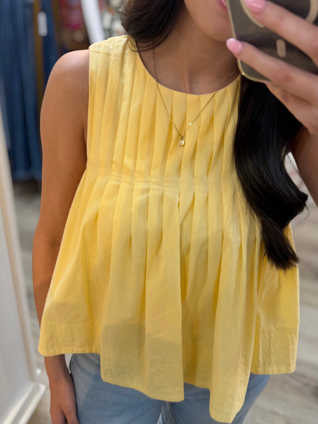 YELLOW PLEATED DETAIL HIGH LOW SLEEVELESS TOP