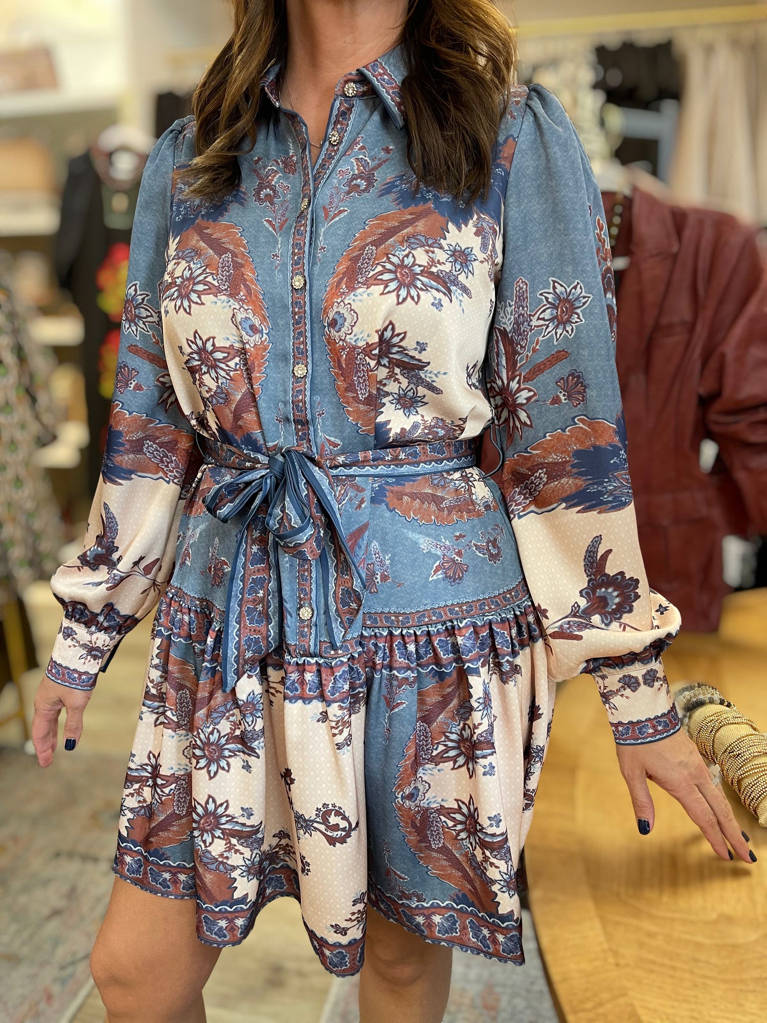 BLUE/CREAM MULTI FLORAL PLACEMENT PRINT BUTTON UP LONG SLEEVE SATIN MINI DRESS