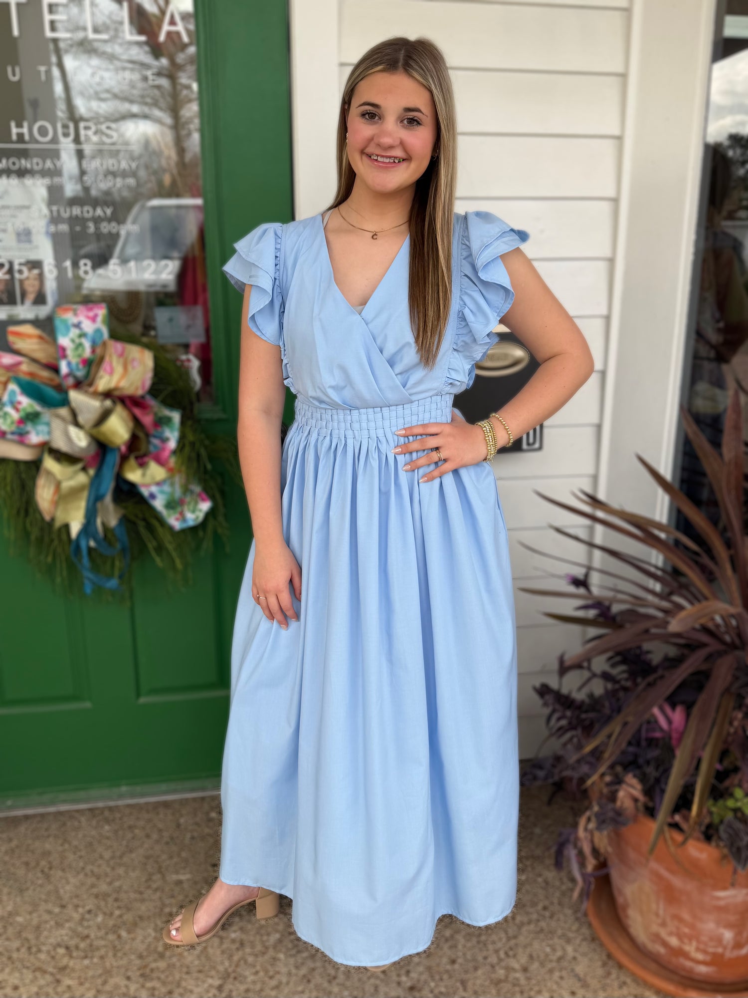 SKY BLUE RUED DETAIL RUFFLED SLEEVE MIDI DRESS