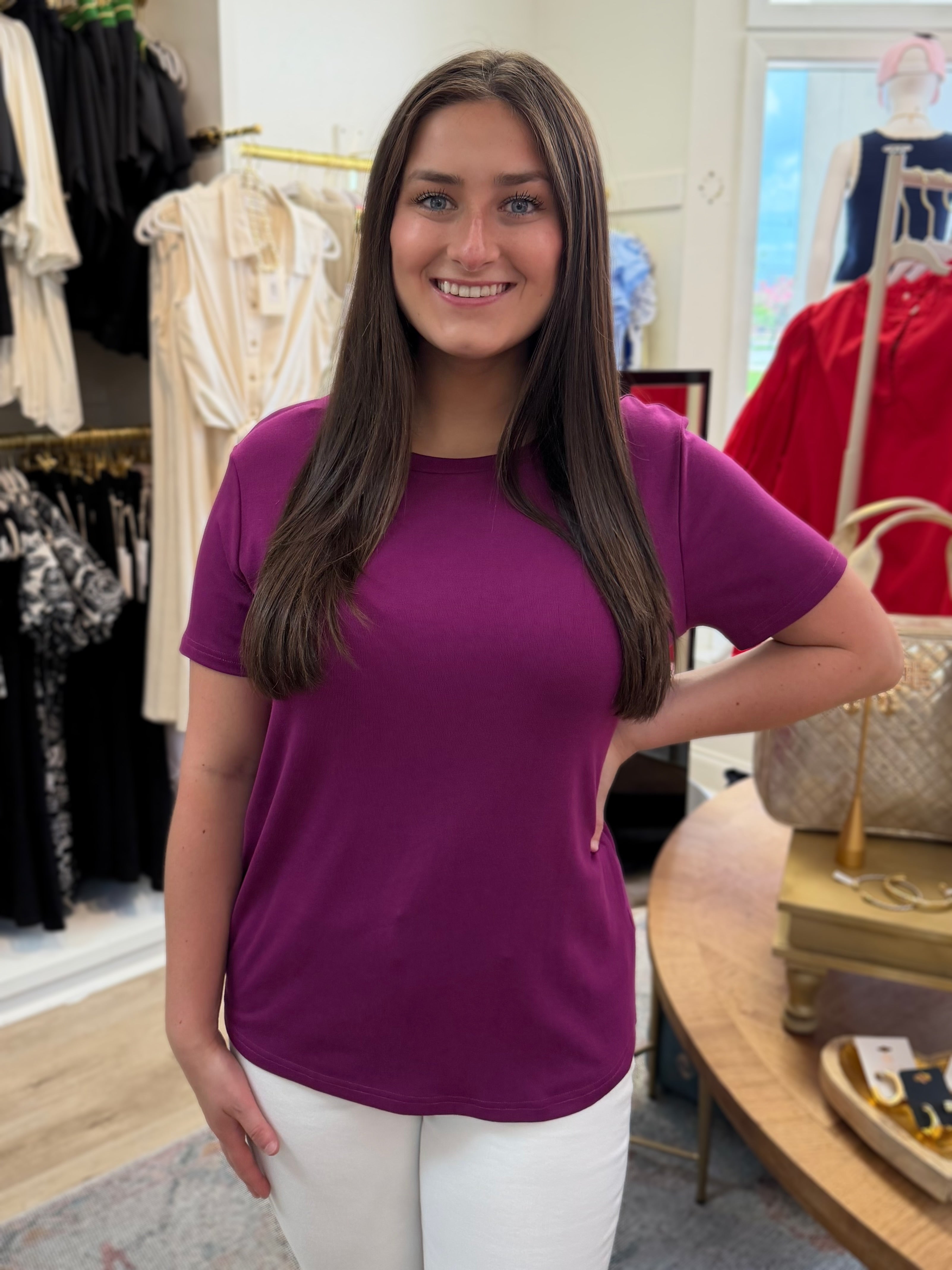 MAGENTA ROUND NECK BASIC JERSEY SHORT SLEEVE TOP