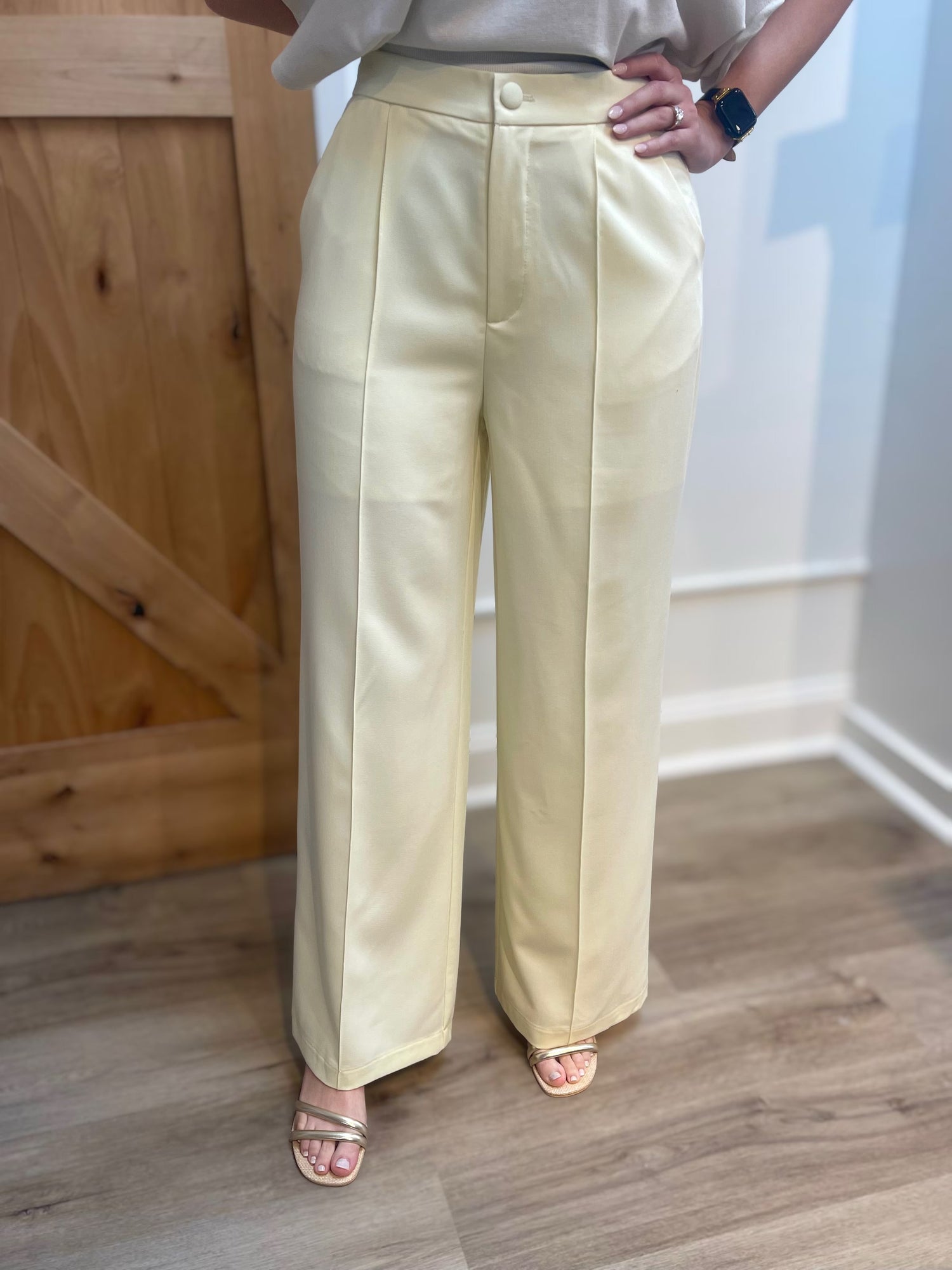 PALE YELLOW WIDE LEG PLEATED TROUSER PANT