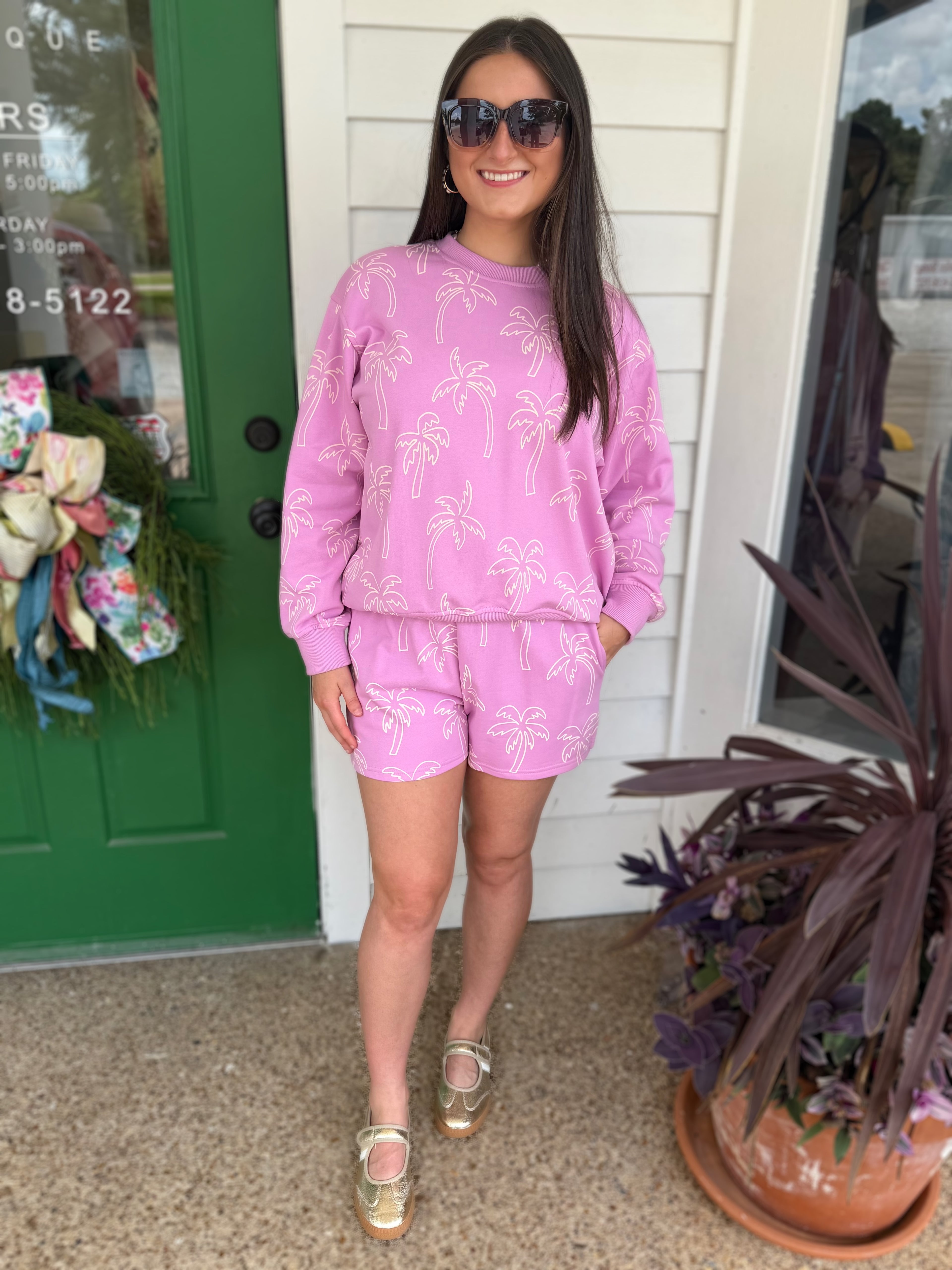 PINK PALM TREE PRINT LONG SLEEVE SHORT SET