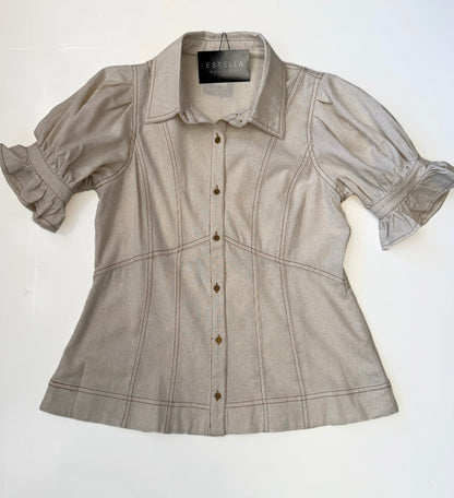 OATMEAL WOVEN LINEN PUFF SLEEVE BUTTON UP CONTRAST STITCH TOP