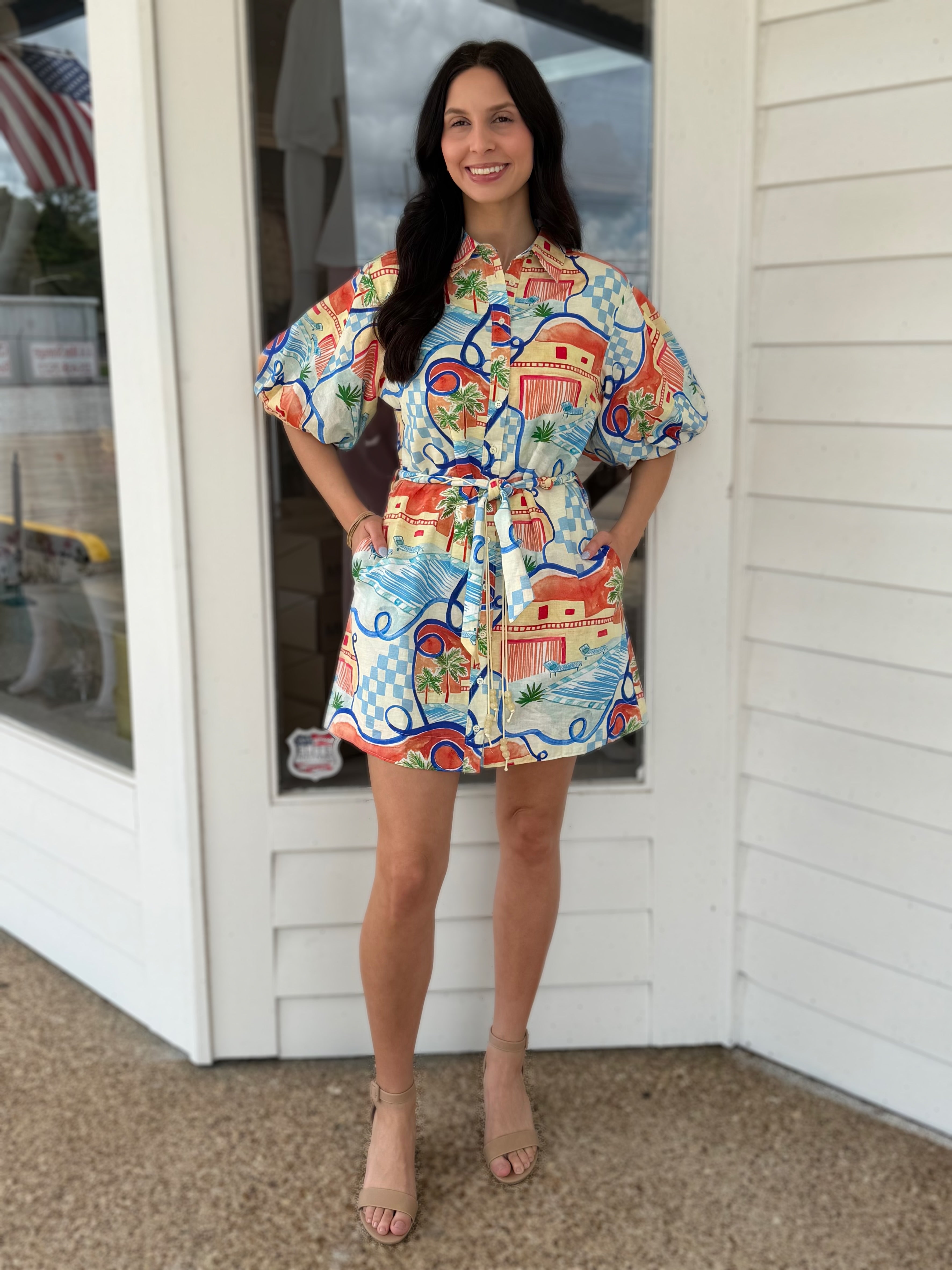 BLUE MULTI VACATION PRINT SHORT PUFF SLEEVE BUTTON UP MINI DRESS