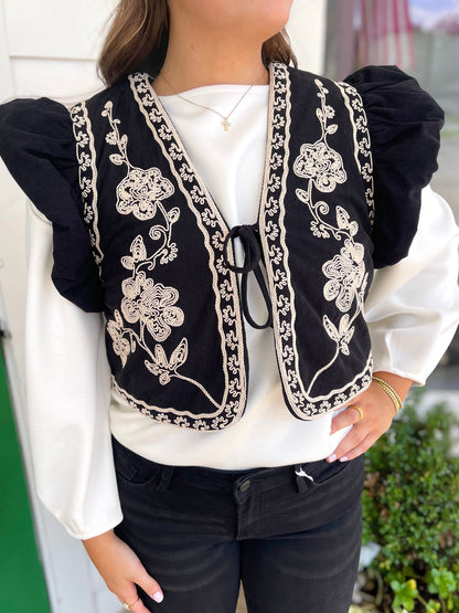 BLACK EMBROIDERED RUFFLED SLEEVE CROPPED VEST