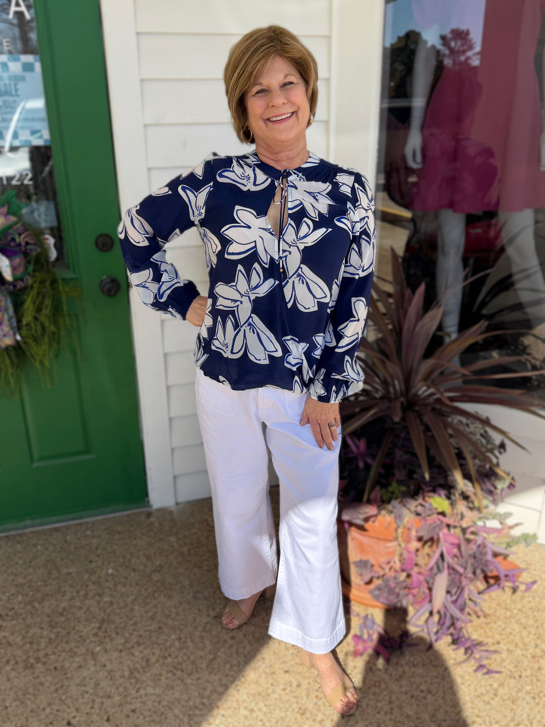 DARK BLUE FLORAL PRINT CROSSOVER TASSEL TOP