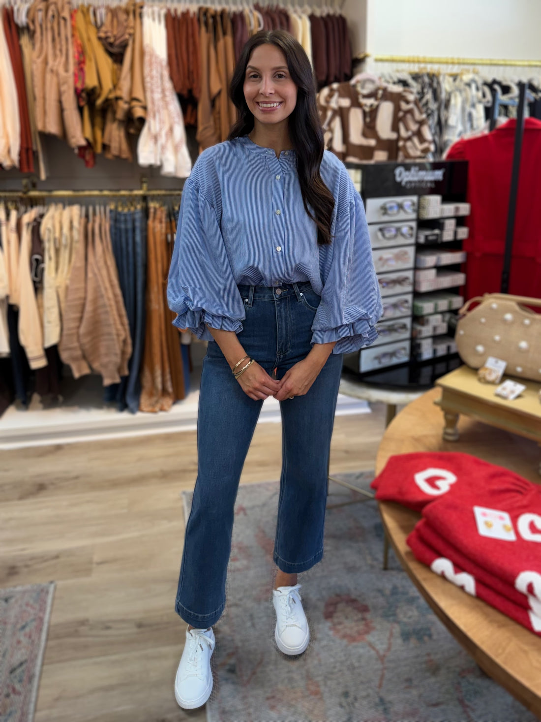 BLUE PINSTRIPE VOLUMINOUS BUBBLE SLEEVE BLOUSE