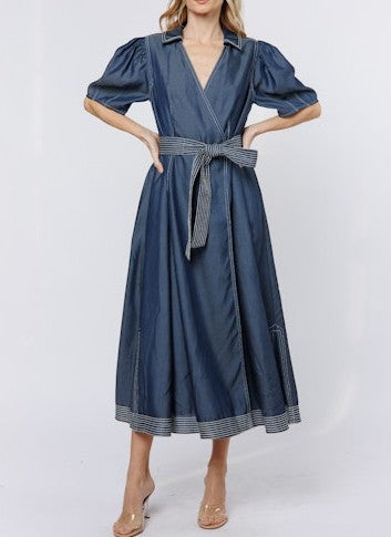 BLUE DENIM TRUE WRAP ROSANNA MIDI DRESS