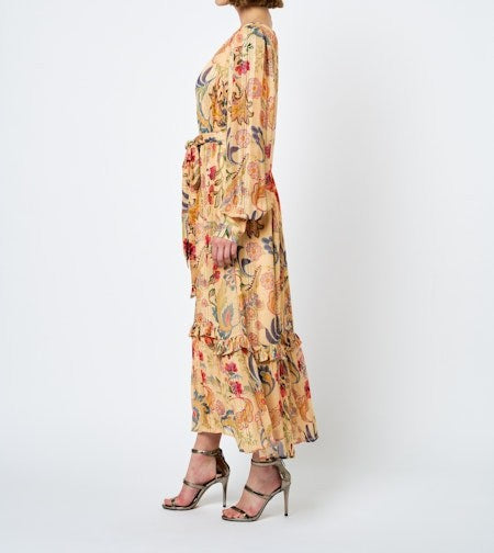 BUTTER MULTI FLORAL PRINT METALLIC STRIPE LEYN MAXI DRESS