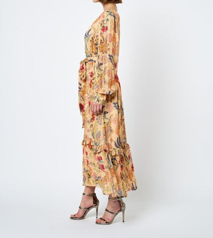 BUTTER MULTI FLORAL PRINT METALLIC STRIPE LEYN MAXI DRESS