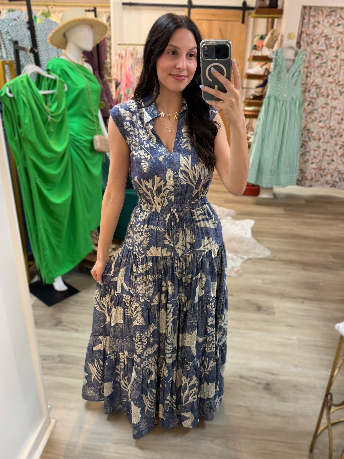 DUSTY NAVY BOTANICAL PRINT TIERED MAXI DRESS