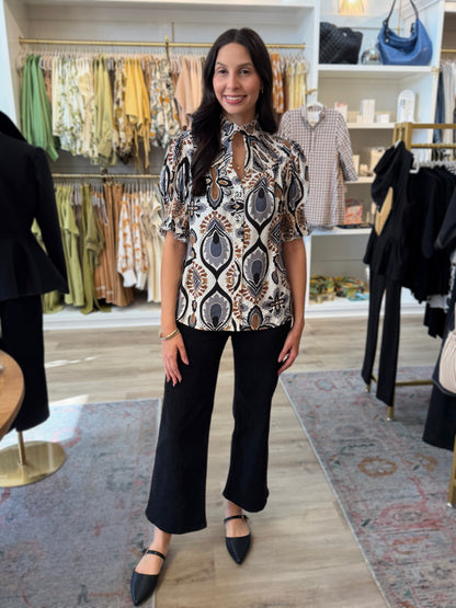 BLACK/GREY/RUST MULTI BOHO GEOMETRIC MEDALLION PRINT SHORT PUFF SLEEVE BUTTON UP TOP