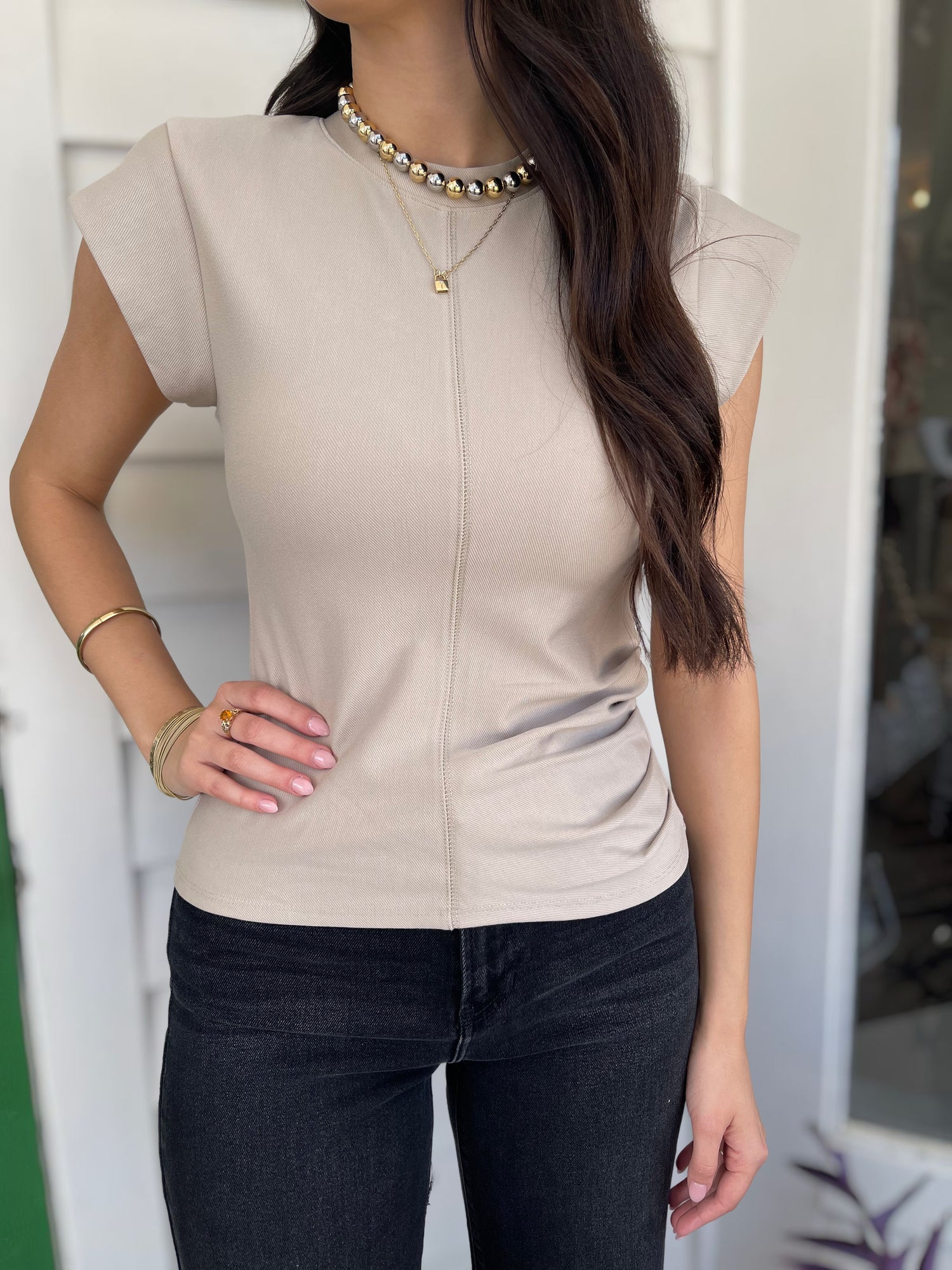 BEIGE RUSTIC GATHERED KNIT TOP