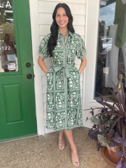 DUSTY GREEN & IVORY PRINTED TIE STRAP SHIRT MIDI DRESS