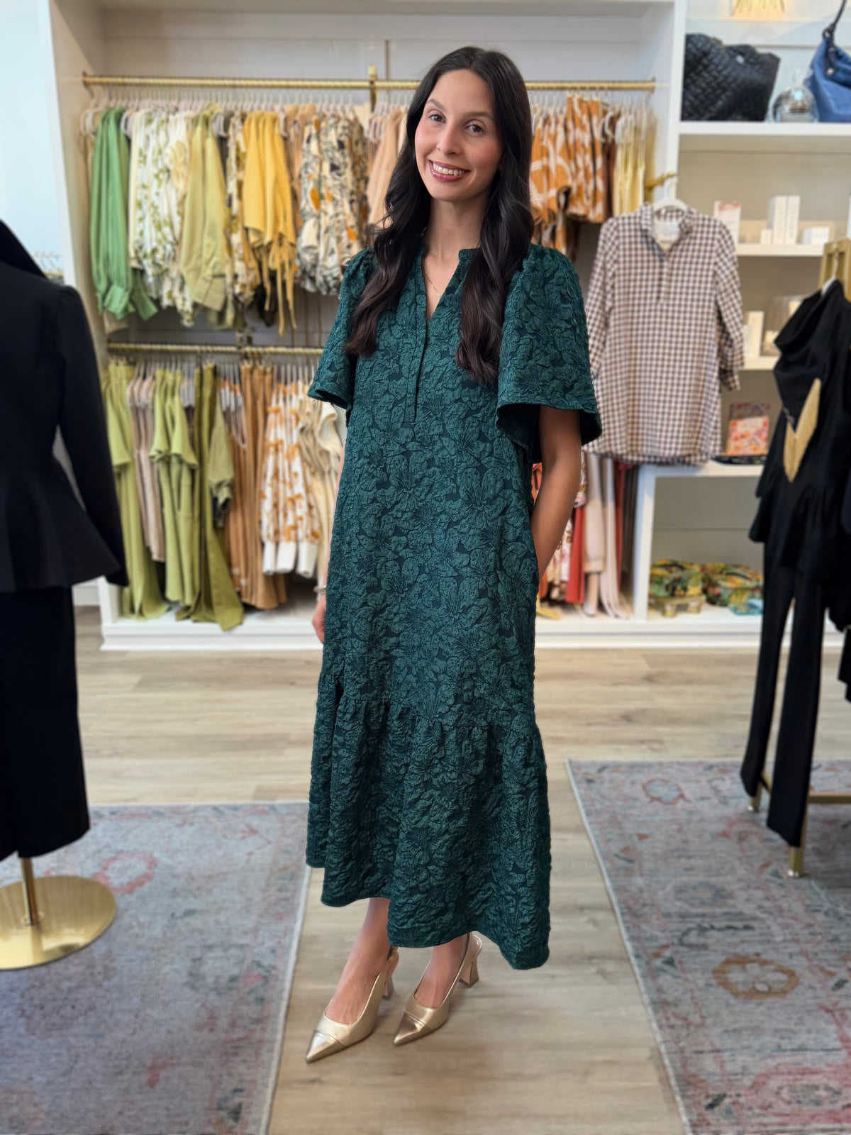 EMERALD JACQUARD FLORAL PRINT SHORT SLEEVE MIDI DRESS