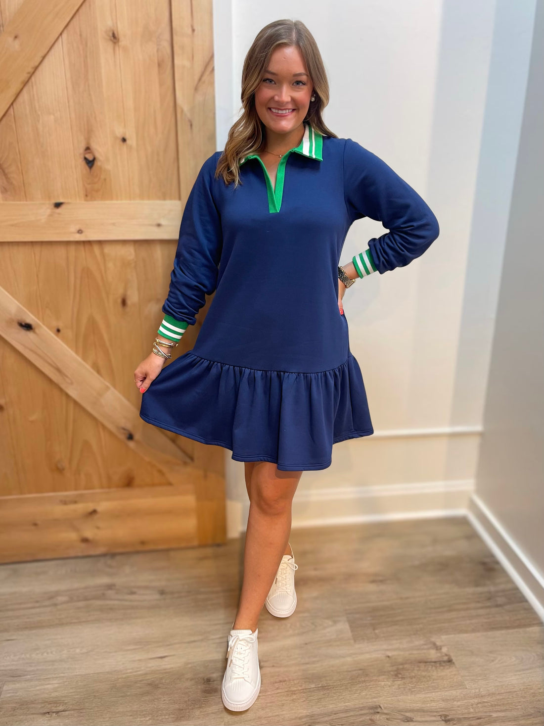 NAVY POLO STYLE STRIPE TRIM DROP WAIST LONG SLEEVE ALLISON MINI DRESS